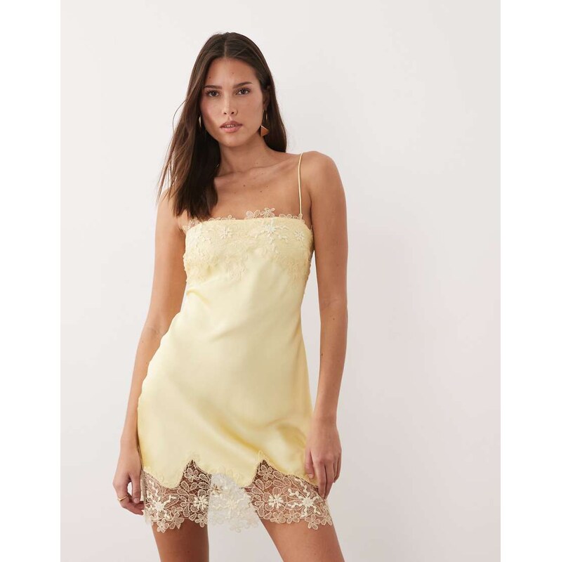 ASOS DESIGN satin bias lace applique mini dress in buttermilk