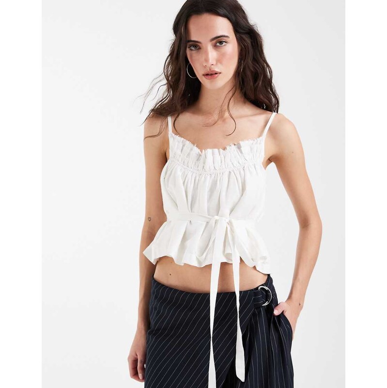 Muse Assembly shirred taffeta top with waist tie in white 115743962