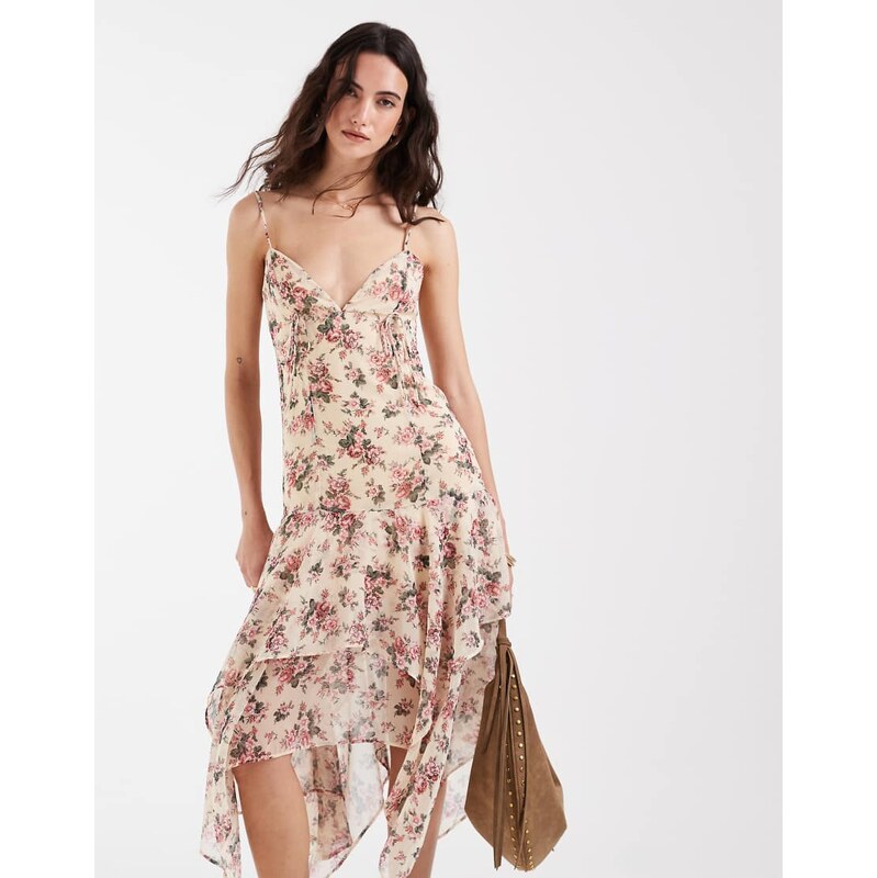 Muse Assembly crinkle chiffon v neck asymmetric hem midaxi dress