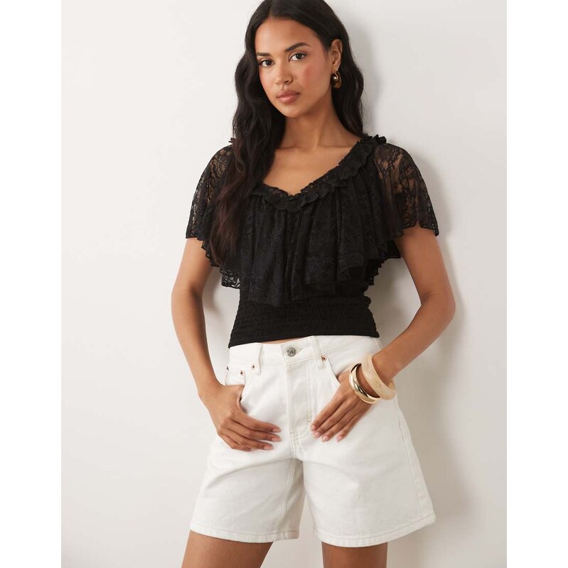 ASOS DESIGN shirred lace flutter detail top in black