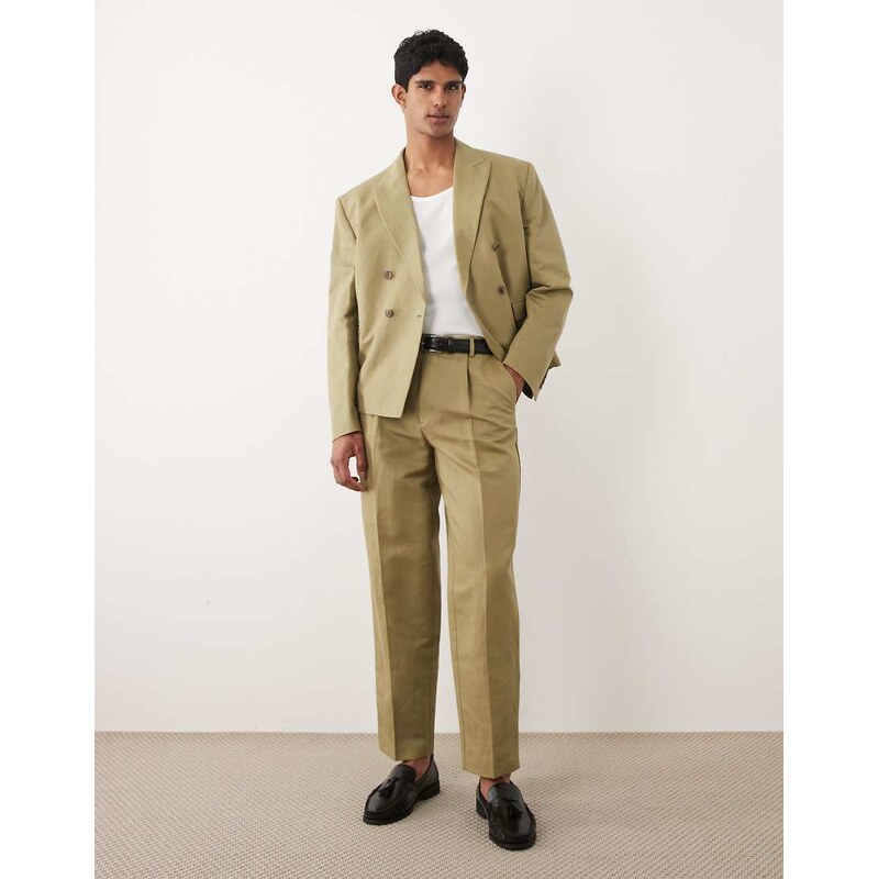 ASOS DESIGN tapered linen rich suit trousers in khaki-Green