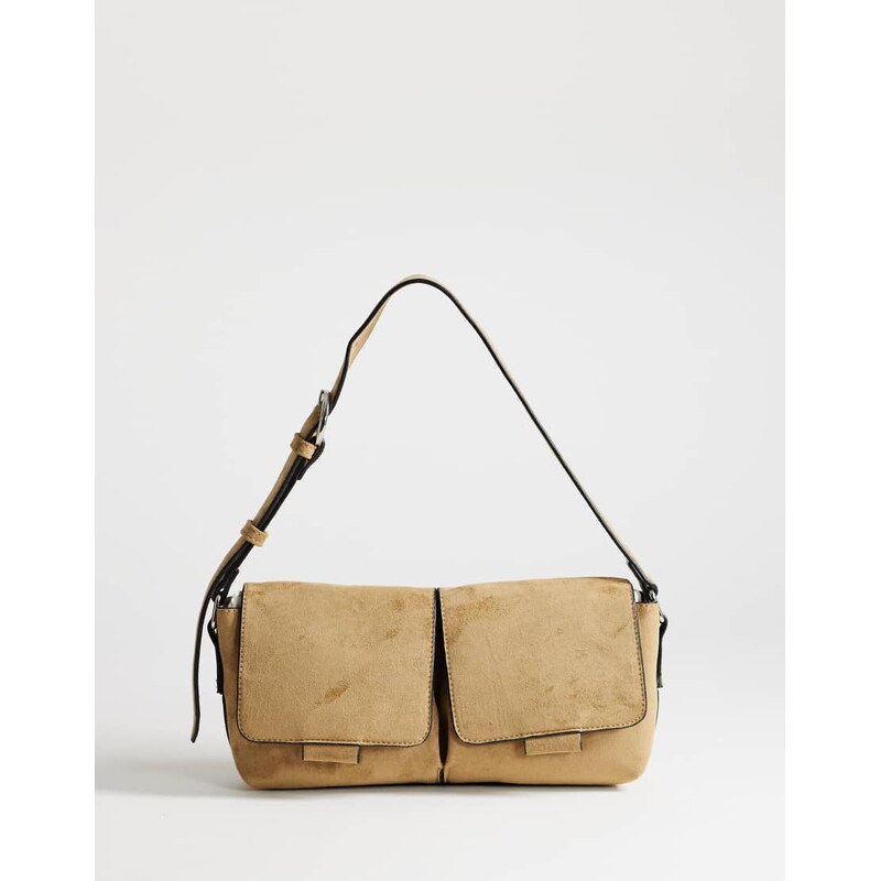 Topshop Joanie small suedette shoulder bag with front pockets in taupe 115743985