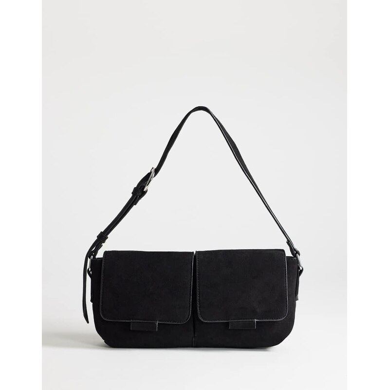 Topshop Joanie small shoulder bag with front pockets in black suedette 115743986