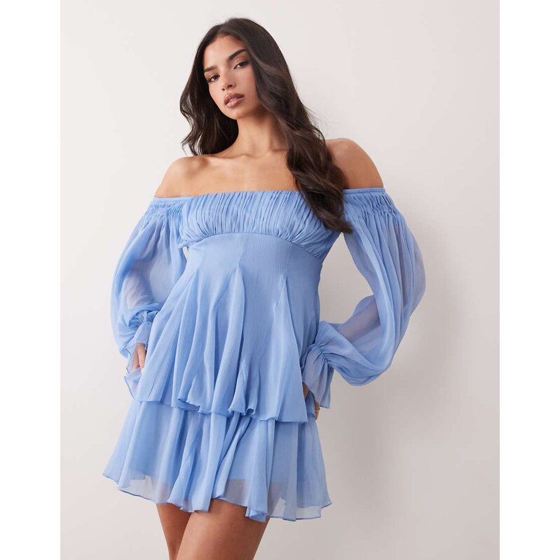 ASOS DESIGN double layer off shoulder godet mini dress in blue
