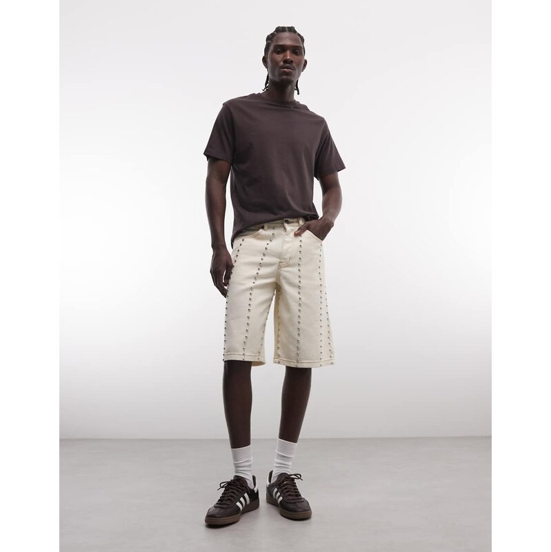Liquor N Poker denim jorts with total stud detail in ecru wash