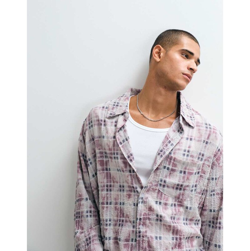 Liquor N Poker long sleeve button through shirt in pink check