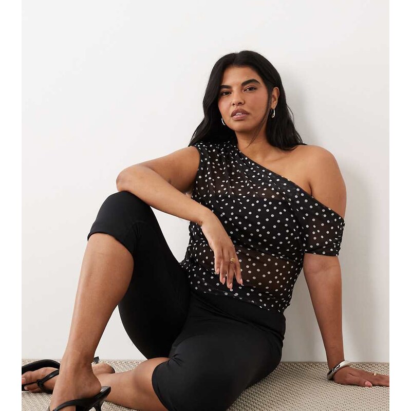 ASOS Curve ASOS DESIGN Curve sheer mesh ruched off shoulder asymmetric 115744016