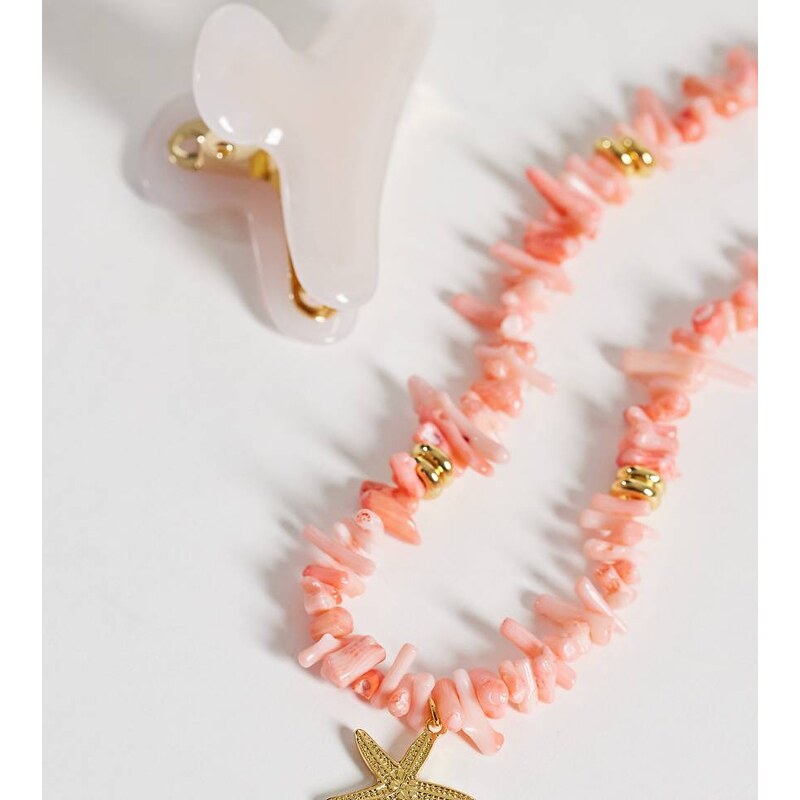 Orelia statement pink faux coral chip & starfish necklace 18k