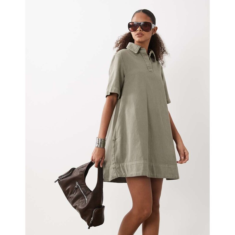 ASOS DESIGN denim swing polo shirt dress in khaki-Green