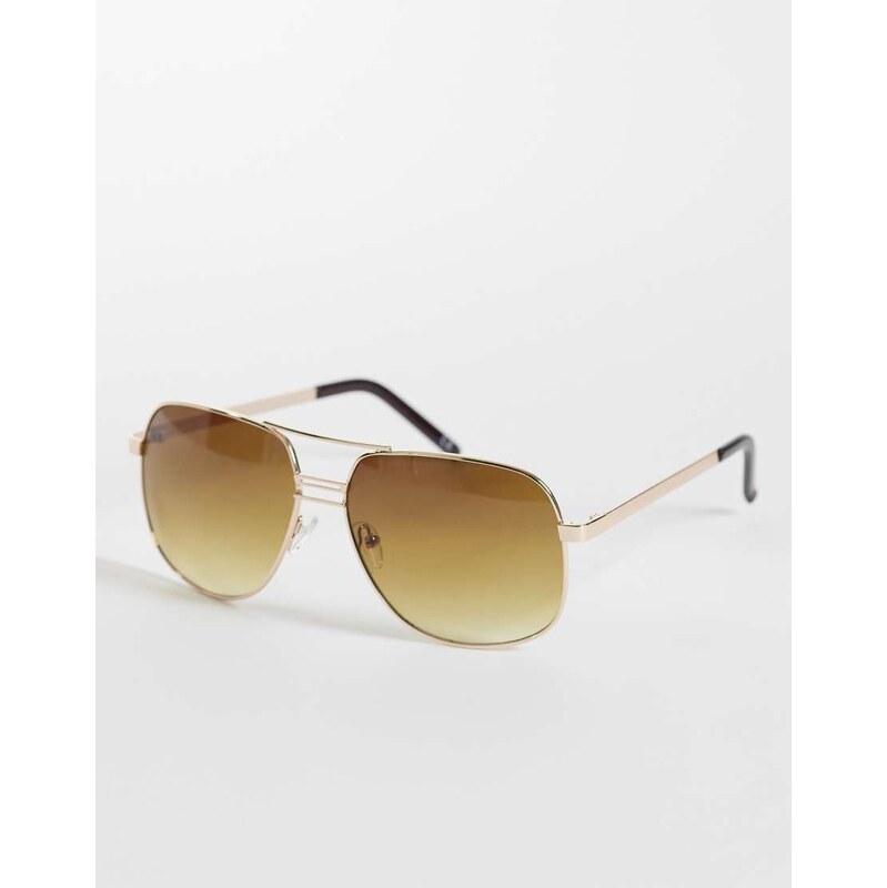 ASOS DESIGN metal aviator sunglasses in gold frame with brown