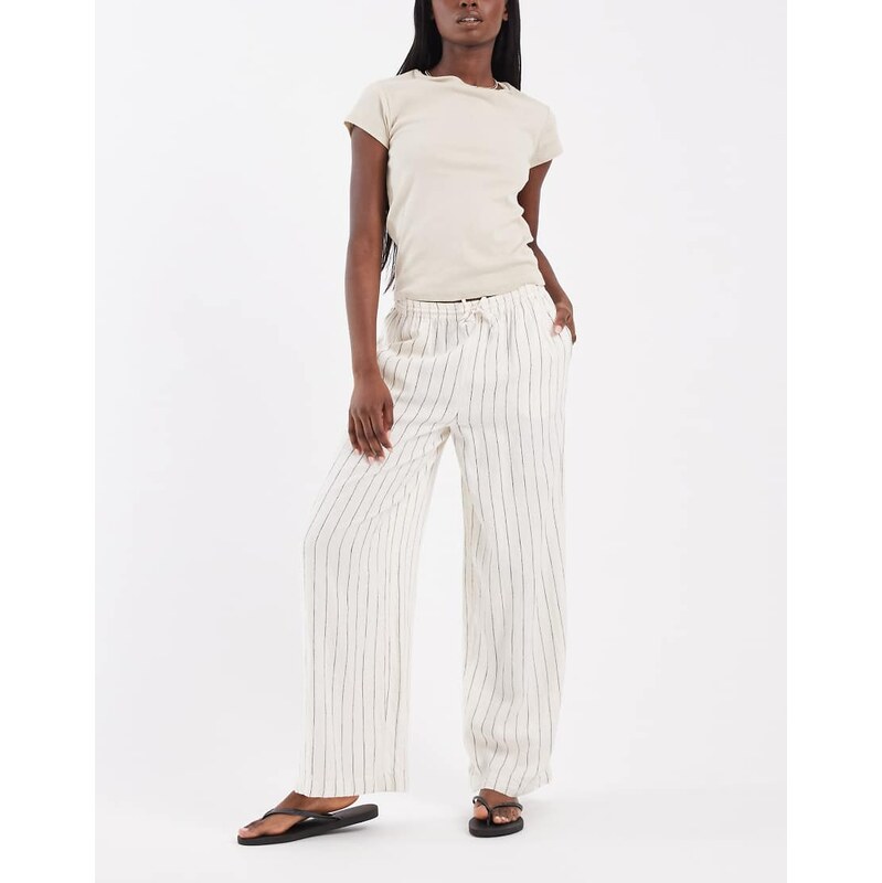 River Island linen look stripe wide leg trousers in stone