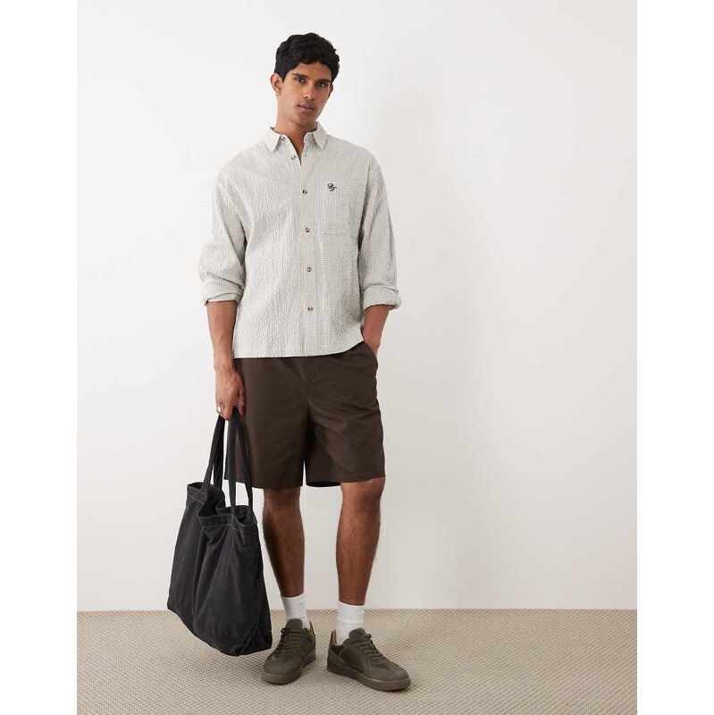 ASOS DESIGN oversized check shirt with chest embroidery in white
