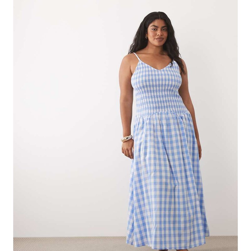Esmee Curve shirred drop waist maxi beach dress in blue & white 115744084