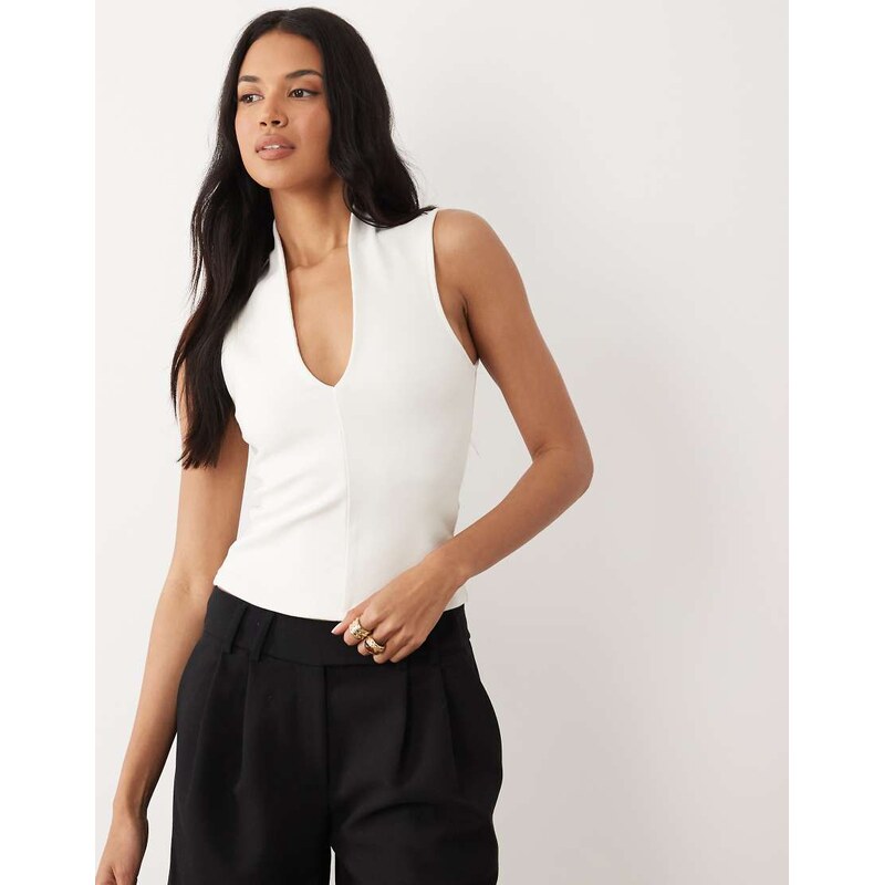 ASOS DESIGN compact cotton plunge top in ivory-White 115744102