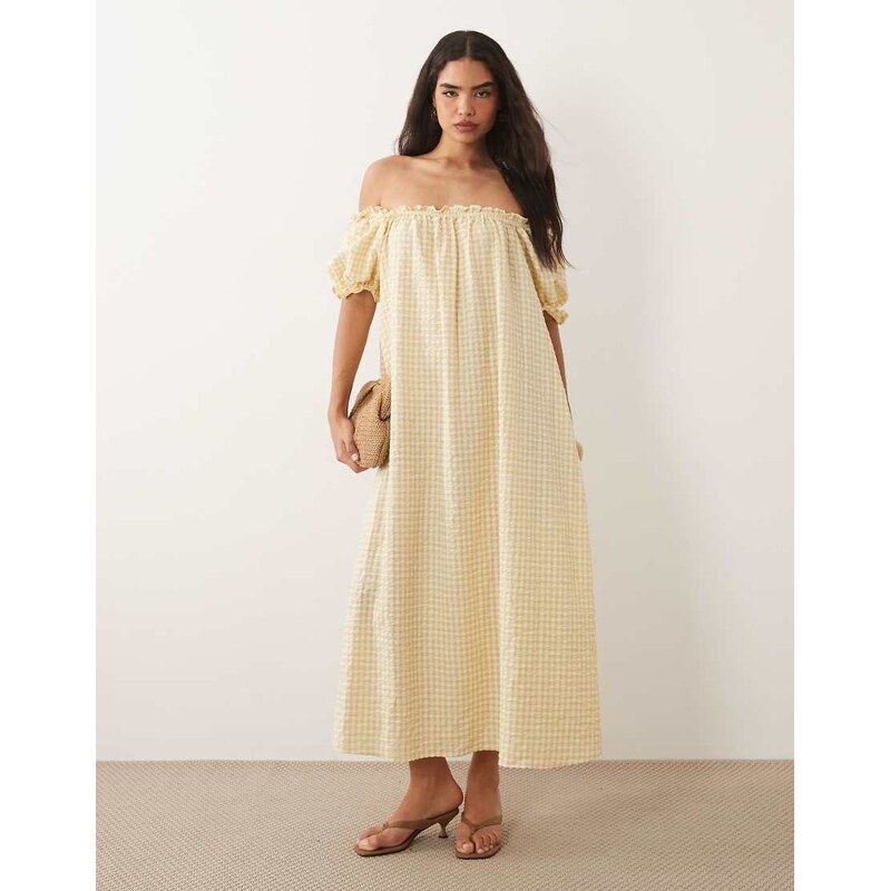 ASOS DESIGN puff sleeve maxi dress in cream gingham-Yellow