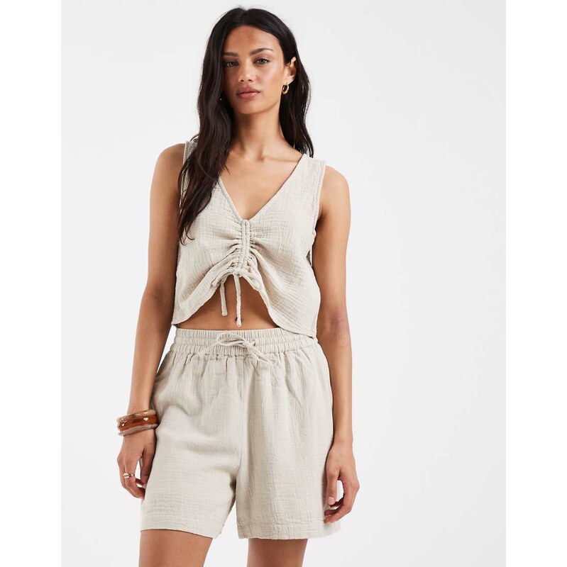 Pieces crinkle cotton high waisted shorts co-ord in warm grey 115744114
