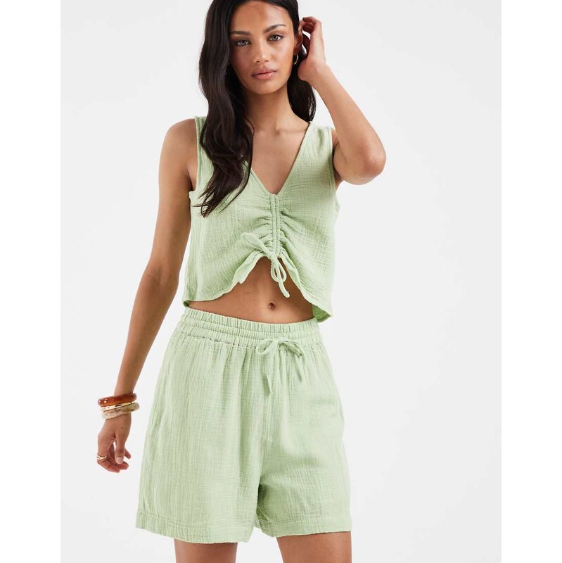 Pieces crinkle cotton high waisted shorts co-ord in apple green 115744115