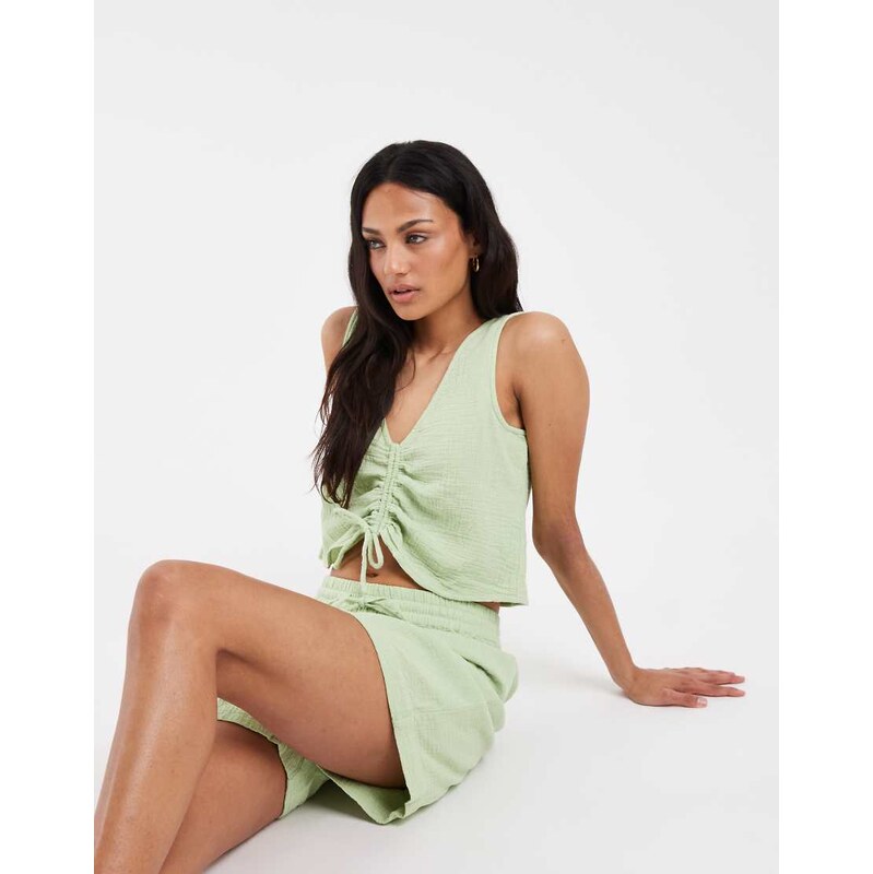 Pieces crinkle cotton sleeveless tie front top co-ord in apple