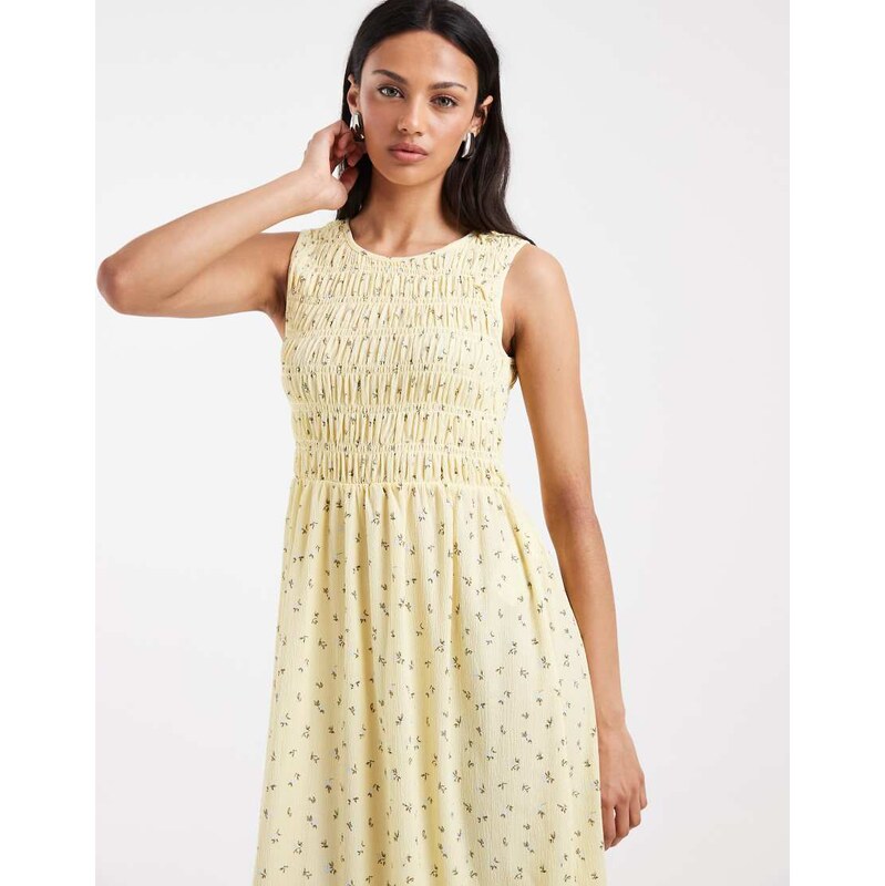 Pieces sleeveless smocking ditsy floral maxi dress in pastel yellow 115744118
