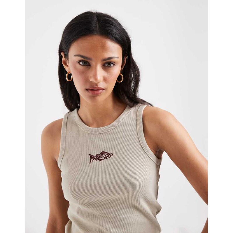 Pieces fish embroidered cotton vest top in grey 115744122