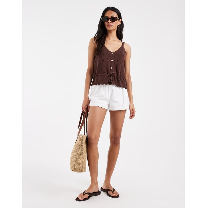 Pieces tie waist broderie knitted cami top in coffee brown 115744123