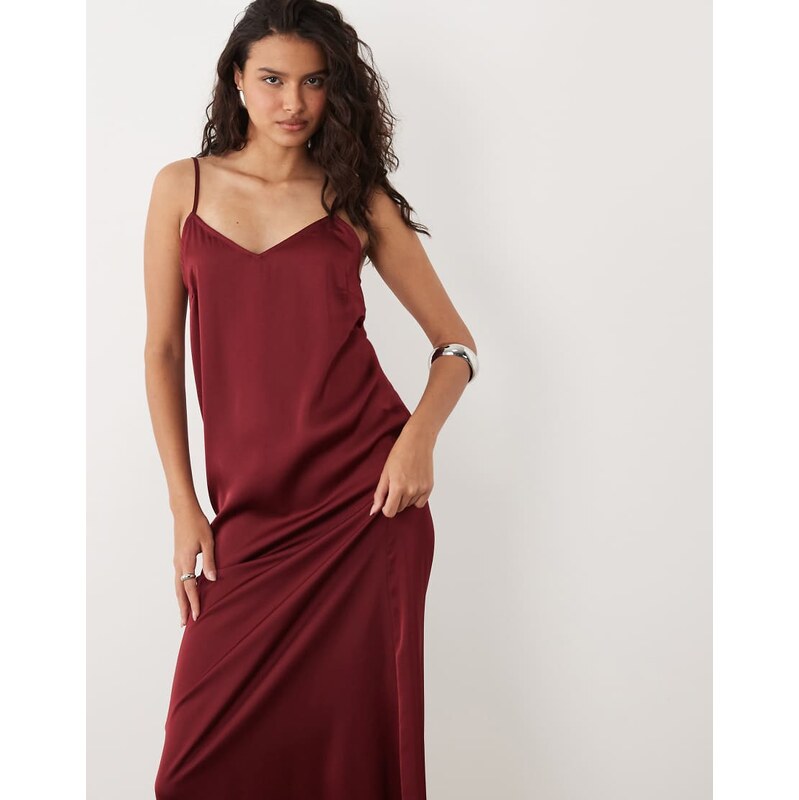Vila satin cami maxi dress in burgundy-Red 115744125