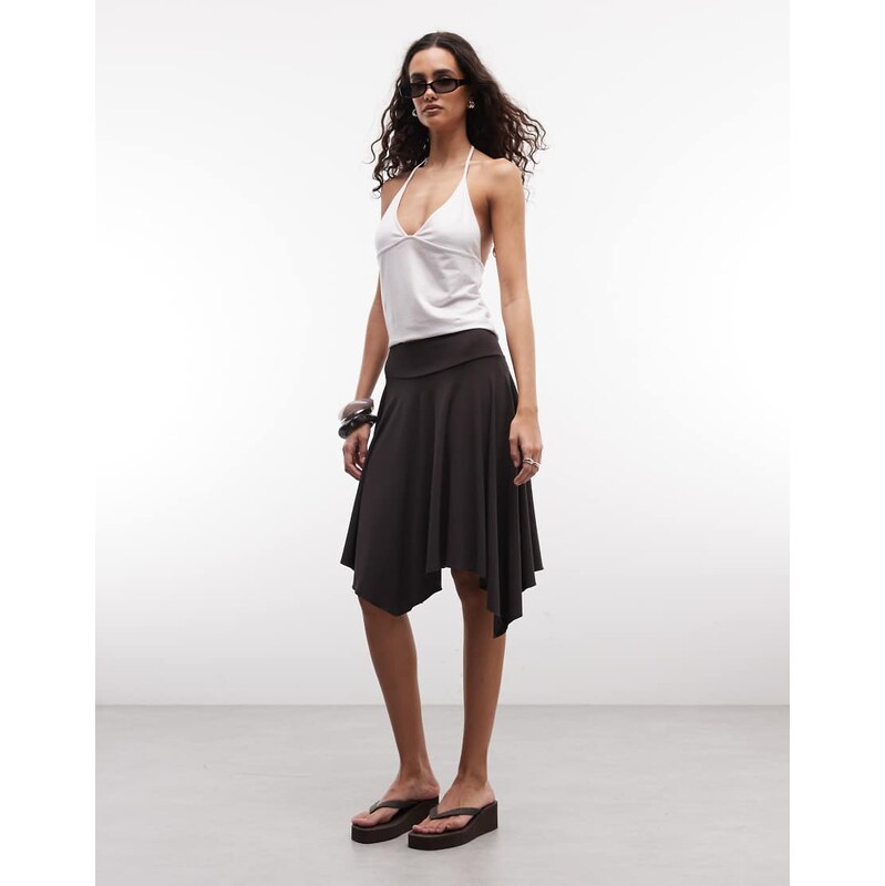 Weekday asymmetric knee length skirt in dark brown 115744127