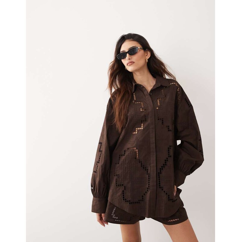 ARRANGE cutwork embroidered short co-ord in chocolate-Brown 115744129
