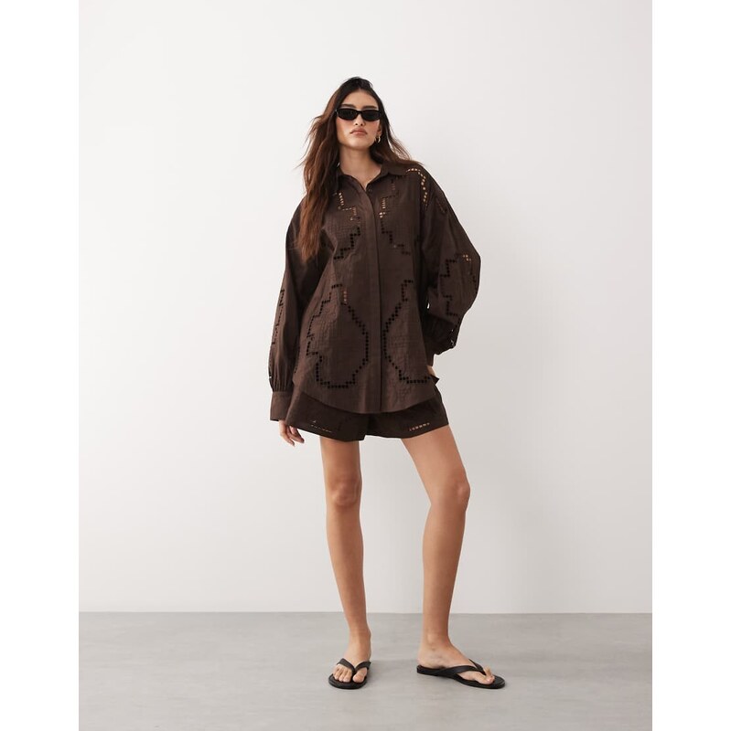 ARRANGE oversized shirt co-ord with cutwork embroidery in chocolate 115744131