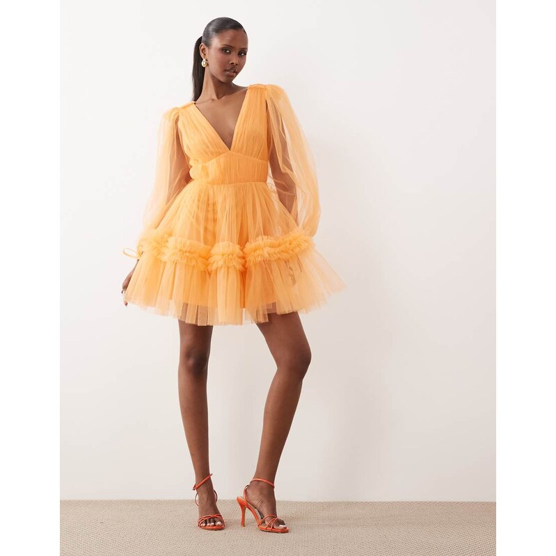 Lace & Beads organza v-neck balloon long sleeve mini dress in bright 115744133