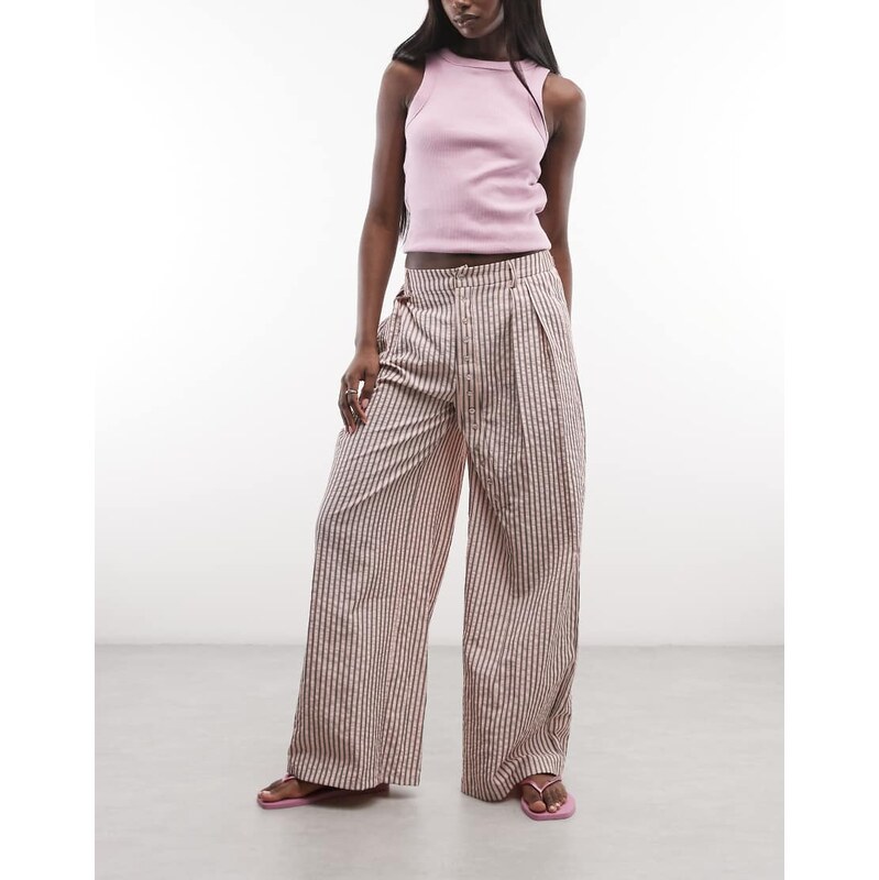 Daisy Street asymmetric placket wide leg trousers in pink brown stripe 115744134