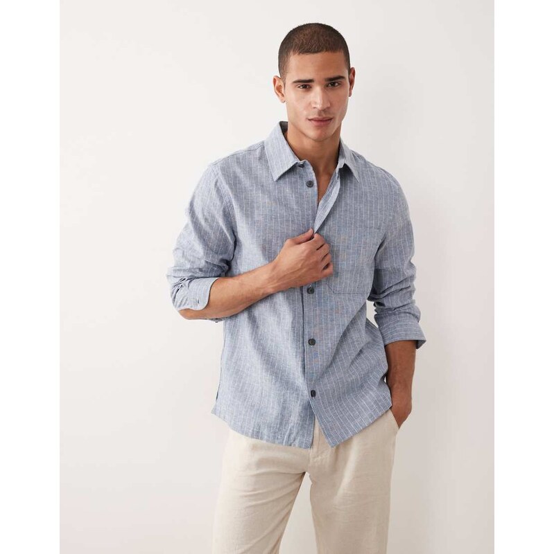 Mango linen mix long sleeve stripes shirt in navy