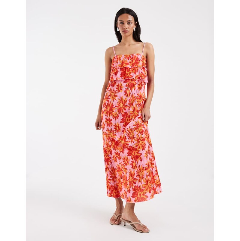 Pieces plisse cami dress with tiered ruffle top detail in bold floral 115744141