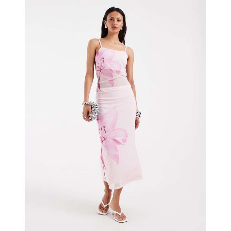Pieces overblown placement floral print mesh midi skirt co-ord in 115744142