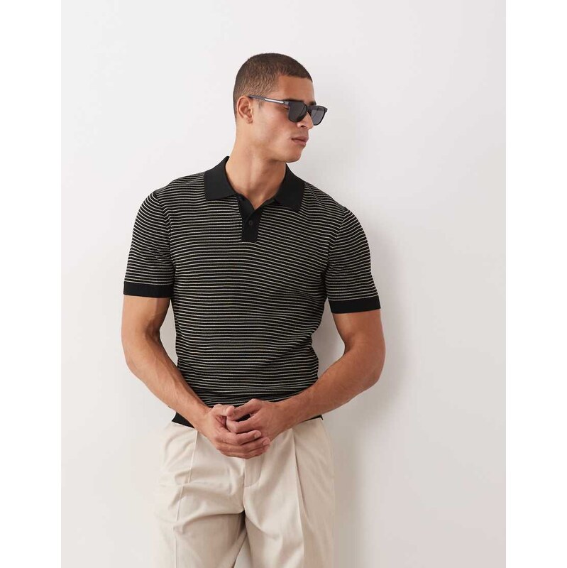 Mango knitted micro striped poloshirt in black