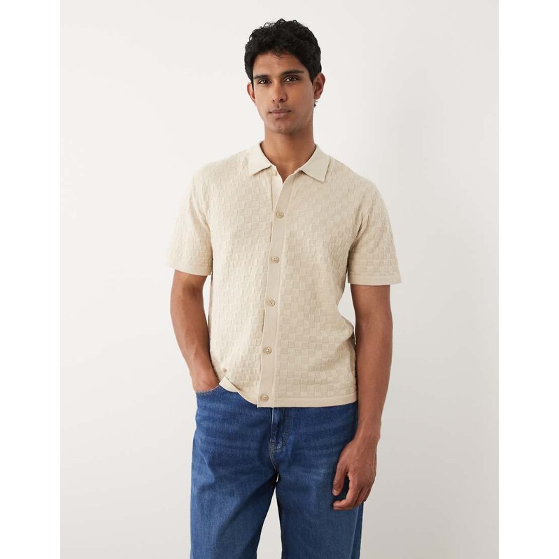 BLEND regular fit diamond knit button up polo in bleached sand