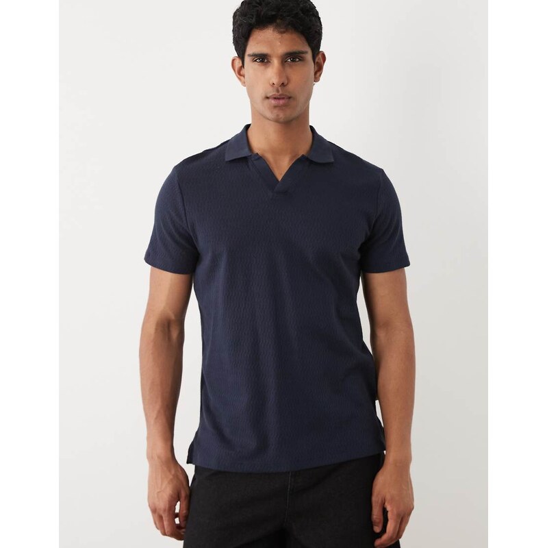 BLEND regular fit revere collar textured knit polo in navy