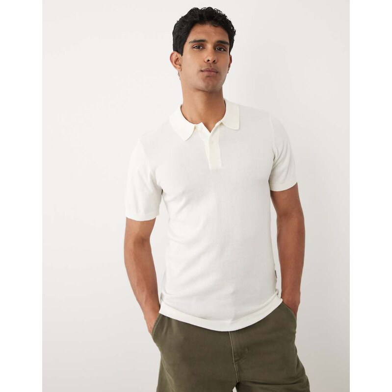 BLEND cotton-mix knitted regular fit polo in off white