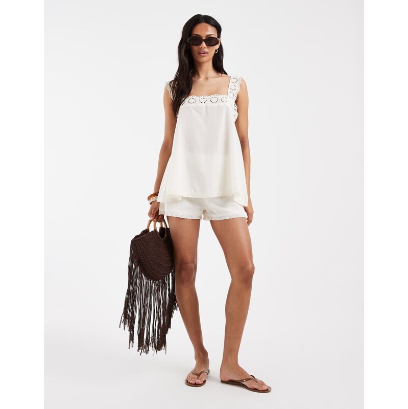 ASOS DESIGN cotton pull on lace trim shorts in white co ord 115744181