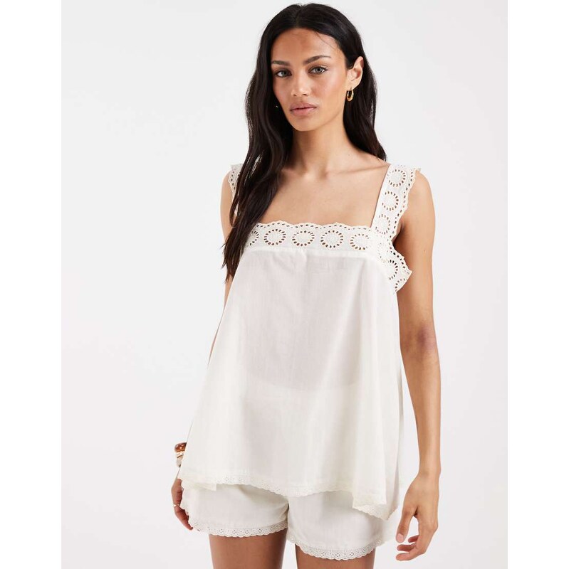 ASOS DESIGN cotton lace trim babydoll top co ord in white 115744182