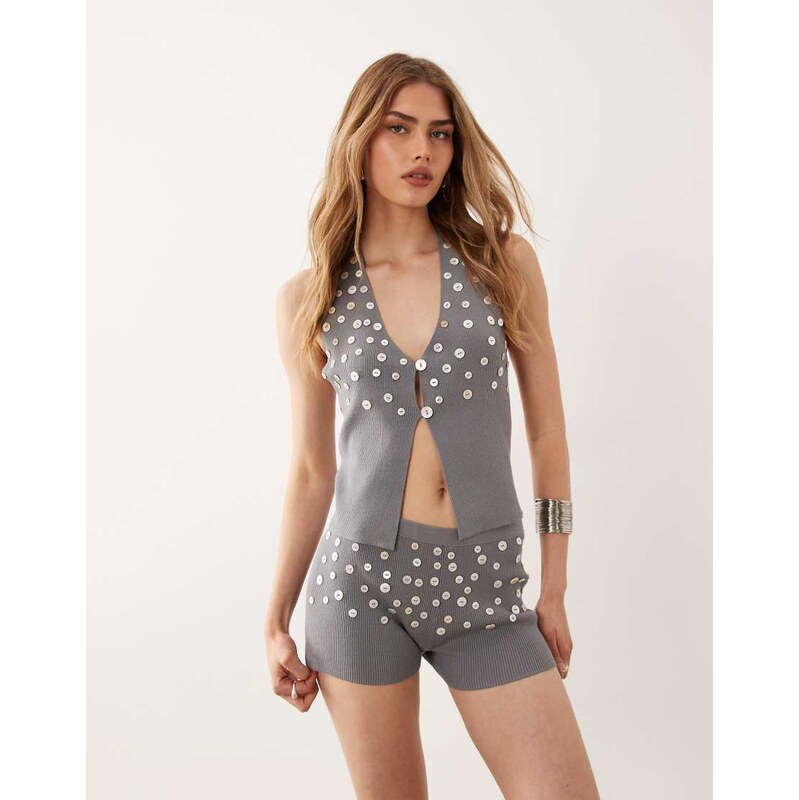 Mango button embellished knitted shorts co-ord in grey 115744185