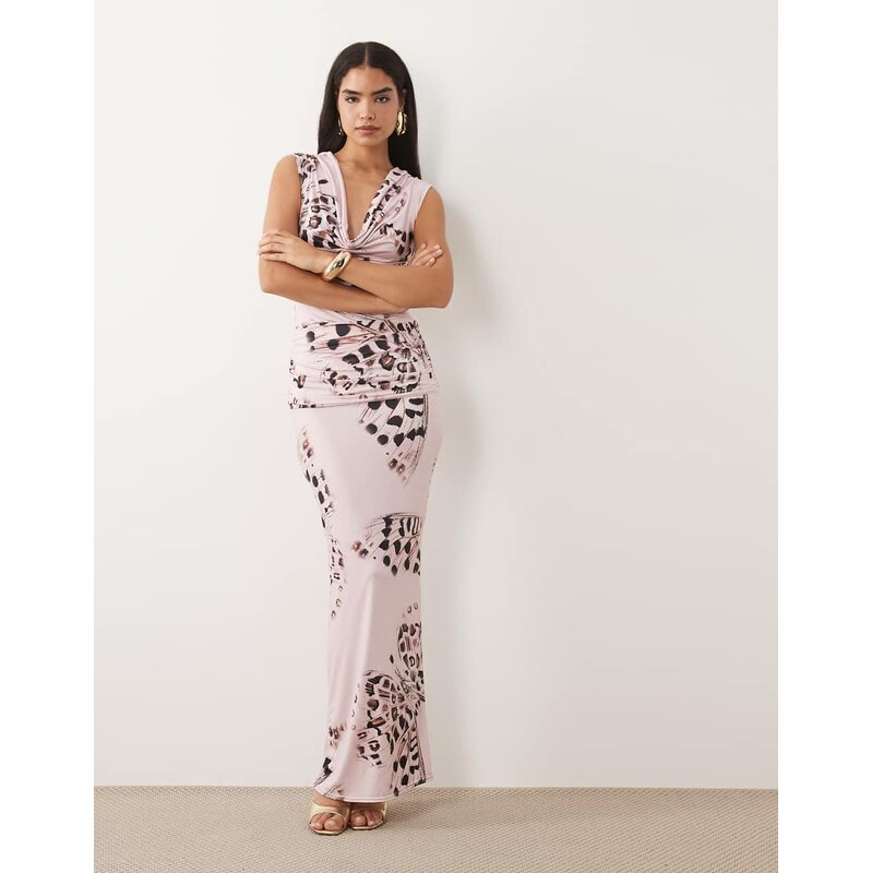 Missyempire slinky cowl neck ruched detail maxi dress in pink 115744192