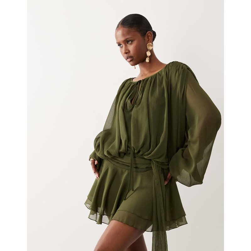 Lioness Elements chiffon drape detail balloon sleeve tie waist
