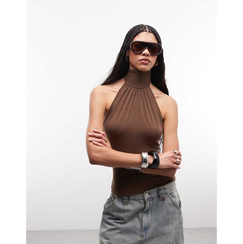 Weekday halterneck top with open back in dark brown 115744213