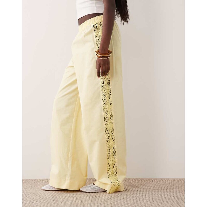 ASOS DESIGN linen blend lace side trouser in yellow-White 115744231