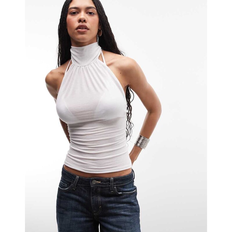 Weekday halterneck top with open back in off-white