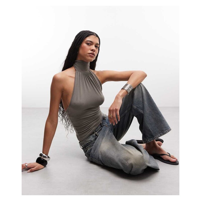 Weekday halterneck top with open back in grey 115744237