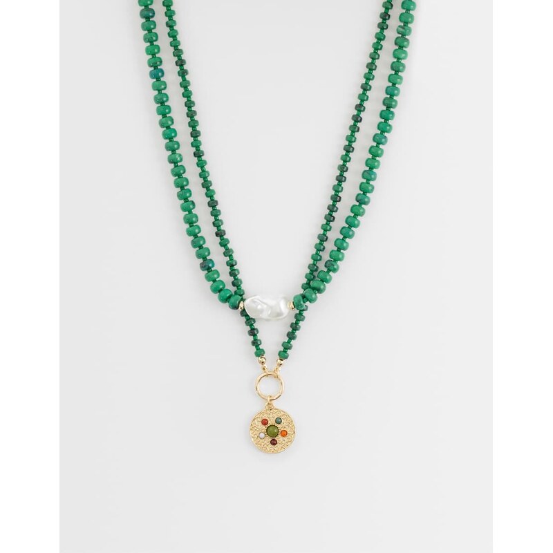 ASOS DESIGN multi-row necklace with faux-macalite stones in green-Gold 115744241