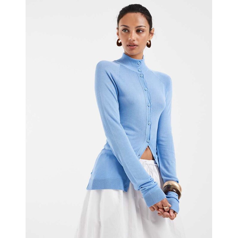 ASOS DESIGN fine knit sheer funnel neck cardigan in blue 115744249