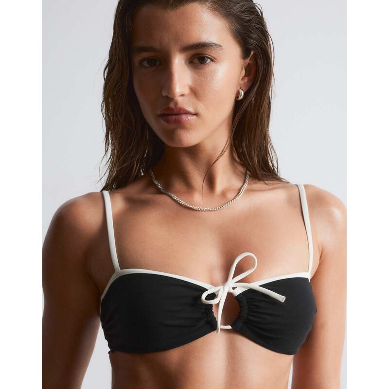 & Other Stories bandeau bikini top with white trim in black 115744256